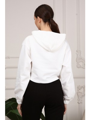 NO979 Kadın Ekru Crop  Oversize  Sweatshirt