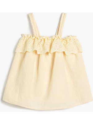 Koton Askılı Fisto İşlemeli Fırfırlı Pamuklu Bluz Kız Çocuk İçin Kolsuz Ekru Renk