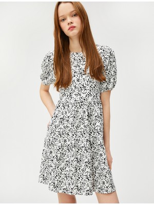 Koton Mini Elbise Balon Kollu Volanlı Desenli Bisiklet Yaka