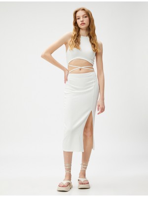 Koton Midi Elbise Pencere Detaylı Yırtmaçlı Halter Yaka Fitilli