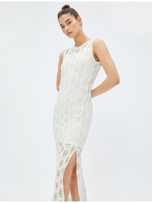 Koton Midi Elbise Ajurlu Yırtmaçlı Kolsuz Bisiklet Yaka Astarlı