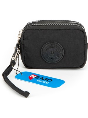 Nemo Bags Unisex Siyah Küçük Cüzdan Su Geçirmez 3 Gözlü Bileklikli Pratik Cüzdan 10X8CM