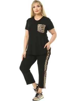 Melsay Butik Siyah Leopar Cep Büyük Beden Kadın Kapri Takımı