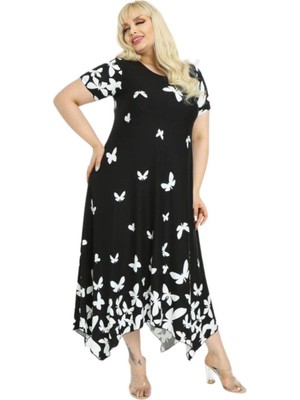 Melsay Butik Kelebek Desen Asimetrik Kısa Kollu Uzun Elbise