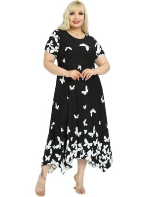 Melsay Butik Kelebek Desen Asimetrik Kısa Kollu Uzun Elbise