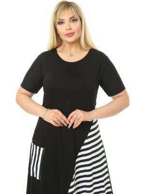 Melsay Butik Zebra Çizgili Cepli Siyah Kısa Kol Kadın Midi Elbise