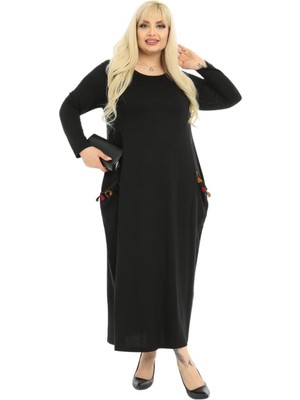 Melsay Butik Püsküllü Cepli Kadın Uzun Kollu Siyah Tesettür Elbise