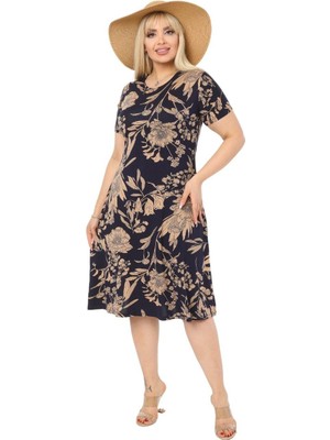 Melsay Butik Lacivert Palmiye Desen Kısa Kollu Büyük Beden Midi Elbise