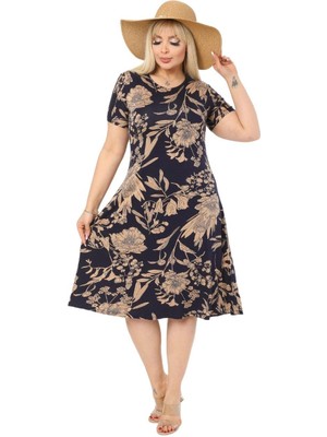Melsay Butik Lacivert Palmiye Desen Kısa Kollu Büyük Beden Midi Elbise