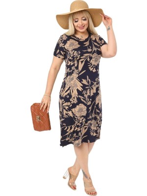 Melsay Butik Lacivert Palmiye Desen Kısa Kollu Büyük Beden Midi Elbise