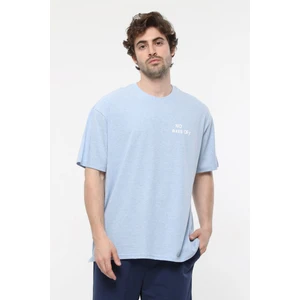 Erkek Kısa Kollu Baskılı Oversıze Kalıp Bisiklet Yaka Tişört Mavi Melanj