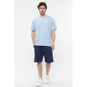 Erkek Kısa Kollu Baskılı Oversıze Kalıp Bisiklet Yaka Tişört Mavi Melanj