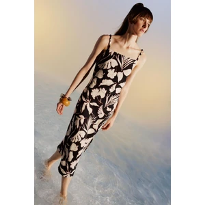 Bodycon Kare Yaka Floral Keten Karışımlı Askılı Midi Elbise A3320AX23HS