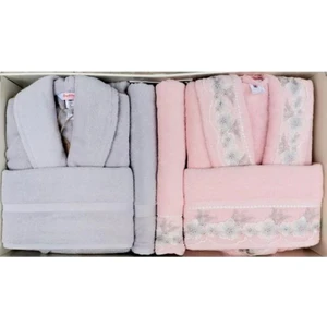 Ofelya Güpürlü Aile Bornoz Seti Gri Pembe