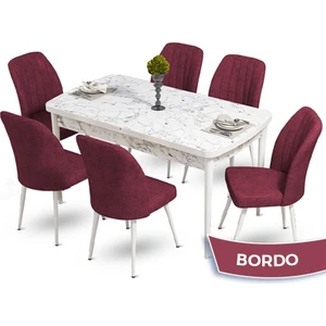 Concept Mun Serisi, 80X132 Açılabilir Mdf Beyaz Mermer Desen Mutfak Masası Takımı 6 Sandalye