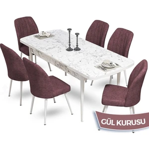Concept Mun Serisi, 80X132 Açılabilir Mdf Beyaz Mermer Desen Mutfak Masası Takımı 6 Sandalye