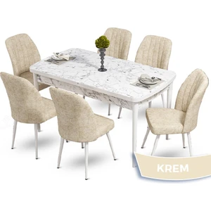 Concept Mun Serisi, 80X132 Açılabilir Mdf Beyaz Mermer Desen Mutfak Masası Takımı 6 Sandalye