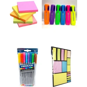 13 Parça Kırtasiye Seti ( Renkli Tükenmez Kalem + Post-It + Fosforlu Kalem + A4 Post-It Seti )