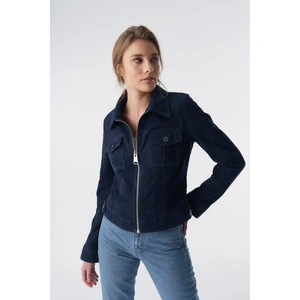 Furniq UK Kadın Lacivert Denim Süet Ceket