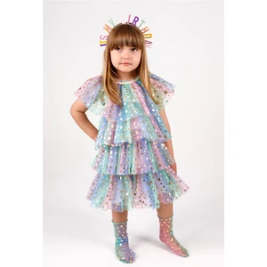 Le Mabelle Çok Renkli Yıldız Baskılı Katlı Tül Kız Çocuk Elbise - Estela