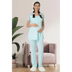 5422 Turkuaz Dantel Detaylı Hamile Lohusa Pijama Tk