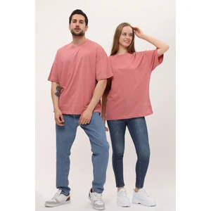 Kadın Erkek Gül Kurusu Pembe Oversize Bol Kalıp Basic T-Shirt