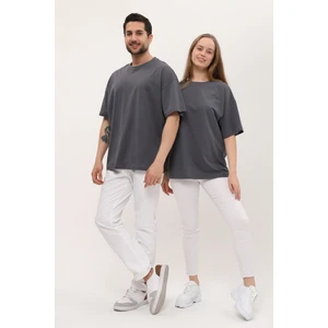 Kadın Erkek Antrasit Koyu Gri Oversize Bol Kalıp Basic T-Shirt