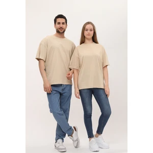Kadın Erkek Krem Oversize Bol Kalıp Basic T-Shirt