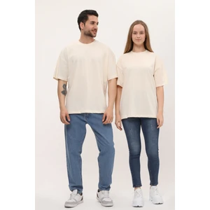 Kadın Erkek Açık Ekru Oversize Bol Kalıp Basic T-Shirt