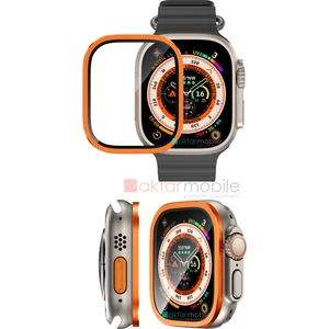 Apple Watch Ultra 49 mm Uyumlu Metal Çerçeveli Ekran Koruyucu Premium Temperli Cam Üstün Koruma