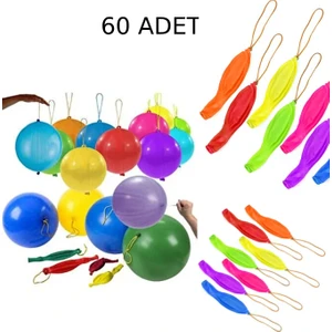 60 Adet Lastikli Zıpzıp Balon Ipli Punch Panç Büyük Balon