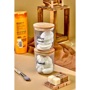 Fbz Home 2'li Ahsap Kapaklı Pamuk & Makyaj Pamuğu Saklama Kutusu - Organizeri 400 ml Akrilik Set