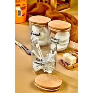 Fbz Home 3'lü Ahsap Kapaklı Kulak Pamuğu & Pamuk & Makyaj Pamuğu Saklama Kutusu - Organizeri 400 ml Akrilik