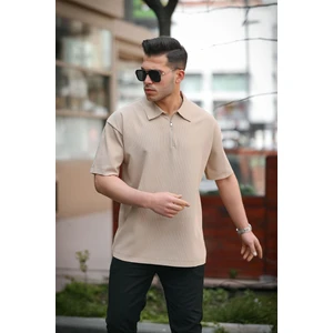 Fitilli Yarım Fermuar Oversize T-Shirt - Bej