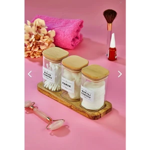 Fbz Home Ahşap Standlı 3'lü Mika Kulak Pamuğu Pamuk Makyaj Pamuğu Organizeri 250 ml Saklama Kutusu