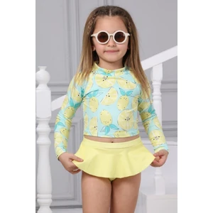 Podium Giyim Trend Sevimli Limon Desenli Güneş Korumalı Uzun Kol Crop Üst Mini Etek Altı Fırfırlı Bikini Takımı