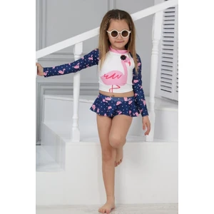 Podium Giyim Trend Flamingo Desenli Güneş Koruma Uzun Kol Crop Üst Mini Etek Bikini Altı Fırfırlı Bikini Takımı