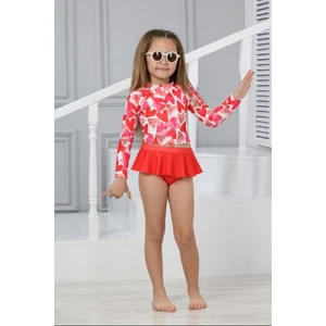 Podium Giyim Yeni Trend Kalp Desenli Güneş Korumalı Uzun Kol Crop Üst Mini Etek Altı Fırfırlı Bikini Takımı