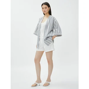 Oversize Keten Kimono Cepli Kısa Kollu