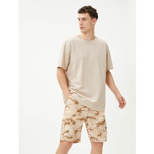 Kargo Şort Kamuflaj Baskılı Beli Bağcıklı Cep Detaylı Pamuklu