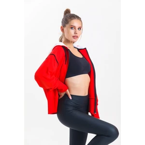 Kırmızı Kapüşonlu Fermuarlı Oversize Hırka