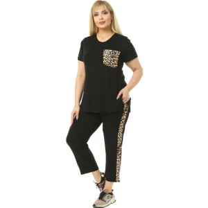 Butik Siyah Leopar Cep Büyük Beden Kadın Kapri Takımı