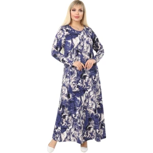 Butik Mavi Batik Desen Kollu Kadın Uzun Tesettür Elbise