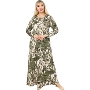Butik Yeşil Batik Desen Kollu Kadın Uzun Tesettür Elbise