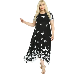 Butik Kelebek Desen Asimetrik Kısa Kollu Uzun Elbise