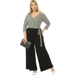 Butik Kruvaze Yaka Kazayağı Desen Büyük Beden Kadın Tulum