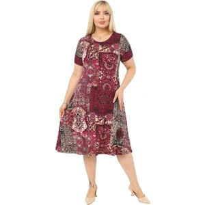 Butik Bordo Etnik Desen Kısa Kollu Büyük Beden Midi Elbise