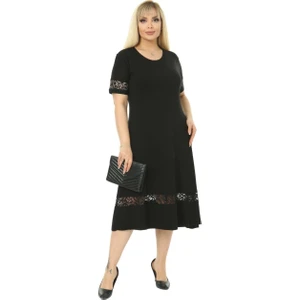 Butik Dantel Detaylı Siyah Kadın Büyük Beden Midi Elbise