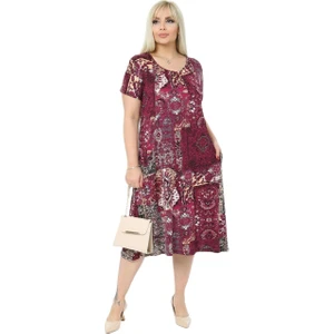 Butik Bordo Etnik Kuplu Cepli Kısa Kol Kadın Midi Elbise