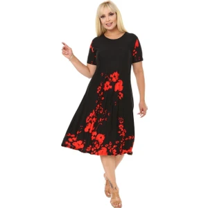 Butik Kırmızı Gelincik Kısa Kollu Büyük Beden Midi Elbise
